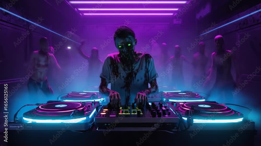 Scary undead dj with green glowing eyes mixing music on turntables at nightclub with spooky laser lights and dancing people during halloween party