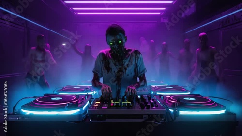 Scary undead dj with green glowing eyes mixing music on turntables at nightclub with spooky laser lights and dancing people during halloween party