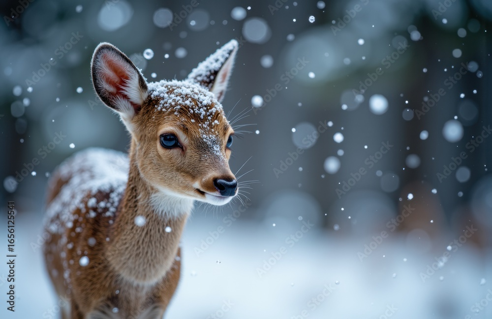 Obraz premium Young deer standing in snowy forest with snowflakes falling around it