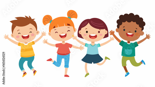 happy children playing, jumping togetherness 