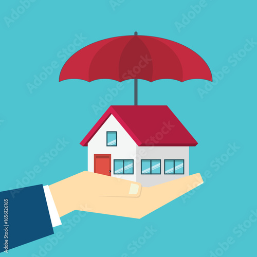 House under red umbrella on a human hand. Property insurance concept. Protection from disaster. Home security, safety, secure investment, repair coverage.	