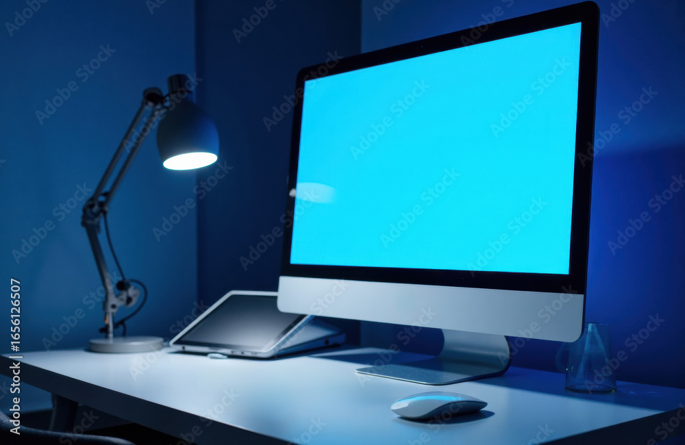 Fototapeta premium A modern desktop computer setup illuminated by a desk lamp in a dimly lit room