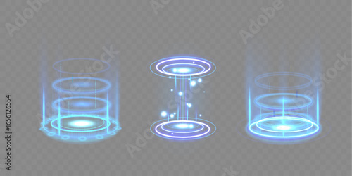 Stage laboratory space science fiction yellow red purple blue futuristic portal hologram round circle square virtual set tech