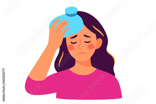 Young woman feeling unwell with a hot water bottle on her forehead woman with cold compress