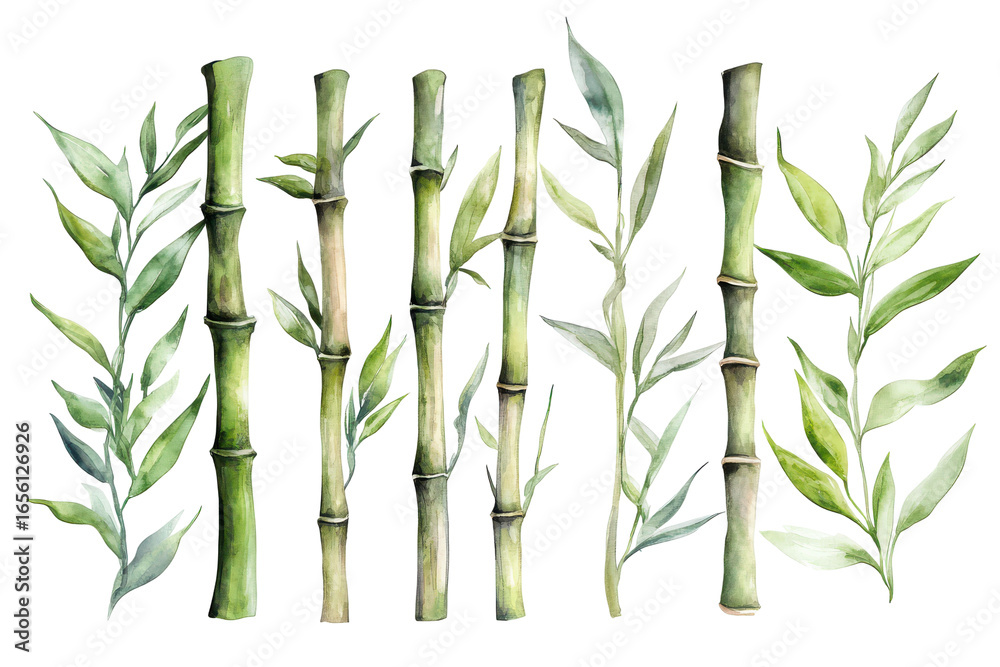 Obraz premium Watercolor painting of bamboo stalks with green leaves isolated on transparent background. Green bamboo stalks with leaves in a watercolor isolated on white background.
