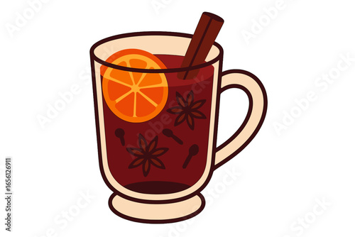 Warm spiced drink with orange slice and cinnamon stick in mug mulled wine with spices