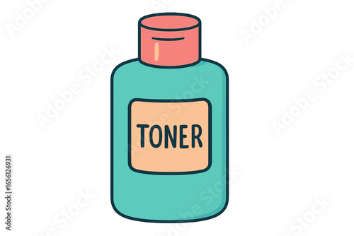 Toner bottle in teal color with a peach cap and label bottle of facial toner