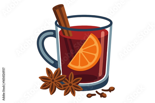 Hot spiced drink with cinnamon, orange, and star anise on white background mulled wine with spices