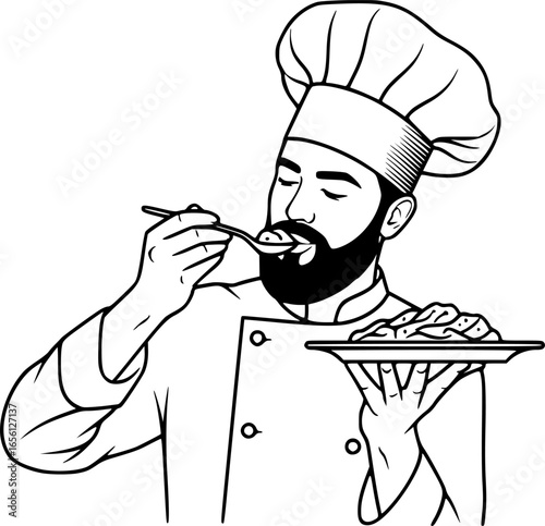 chef tasting food, chef hat, beard, holding plate, white background, line art, high contrast, black and white, vector illustration