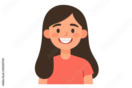 Young girl smiling with long brown hair in a casual t-shirt  teen with dental braces
