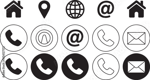 Collection of black and white contact icons including house phone globe email and location home