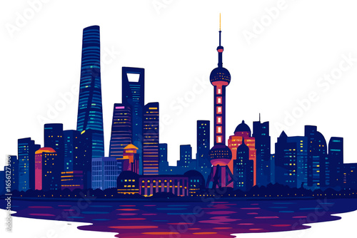 Colorful skyline of Shanghai at night with illuminated skyscrapers shanghai skyline at night