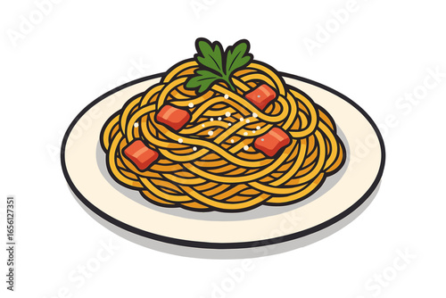 Spaghetti with tomato sauce and parsley on a white plate spaghetti carbonara plate