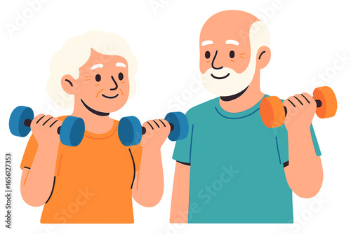 Senior couple exercising with dumbbells in bright home environment senior couple lifting weights