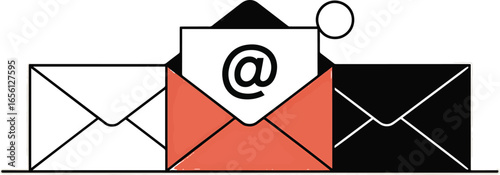 Three envelopes with one open showing an at symbol and coral colored interior email mail