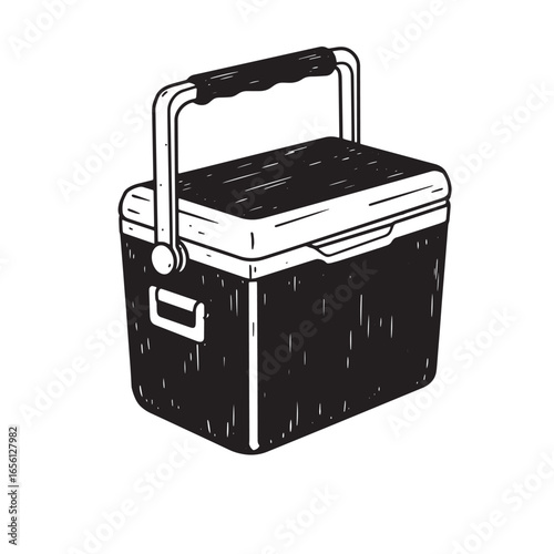 Black and white hand drawn style illustration of an insulated portable cooler