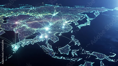 Digital Connectivity and Data Transfer Over Japan and Southeast Asia Aerial View
