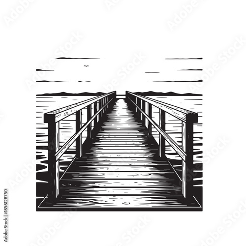 Black and white illustration of a wooden pier extending into calm lake waters