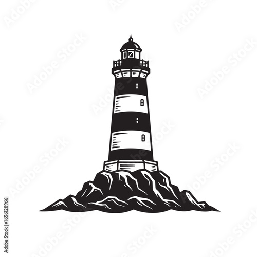 Black and white lighthouse illustration on rocky island for nautical design and graphics