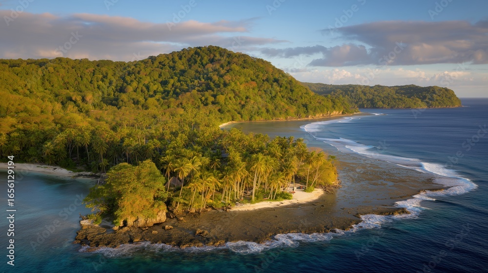 Obraz premium Aerial View of Tropical Island Coast with Turquoise Waves Crashing Against Rugged Coral Cliffs and Crystal-Clear Water in Bright Sunlight 