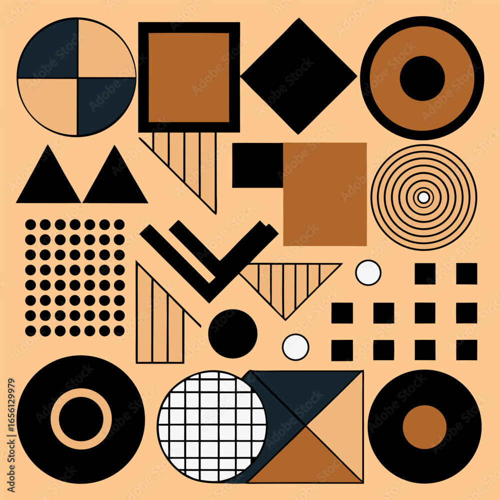 A beige background displays a collection of geometric abstract shapes and patterns.  Various shapes include circles, squares, triangles, and wavy lines, all in black outline. Some shapes have areas of