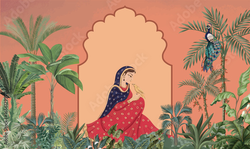 Mughal Wedding Wall Mural, Indian Wedding, Bride, Peacock, Mughal Arch