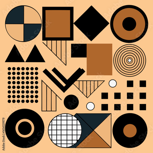 A beige background displays a collection of geometric abstract shapes and patterns.  Various shapes include circles, squares, triangles, and wavy lines, all in black outline. Some shapes have areas of