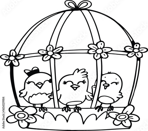 Happy Birds in Birdcage – Cute Pet Vector Illustration
