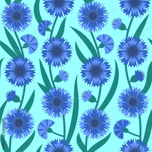 Floral seamless pattern, blue cornflowers and green leaves. Vector decorative background with field flowers.