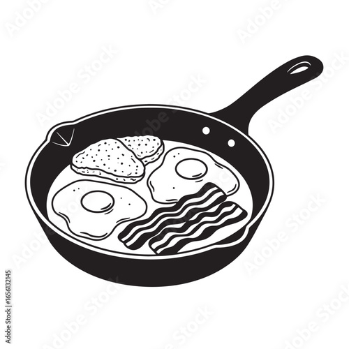 Delicious breakfast in a skillet with eggs bacon and hash browns black and white illustration