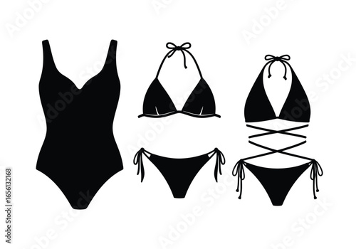 Collection of black swimwear including a onepiece swimsuit and two bikinis