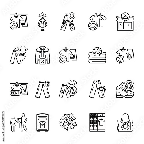 Secondhand clothing black line icons set for digital and print projects.