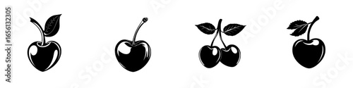 Stylized cherry illustrations featuring various designs and perspectives on a white background for artistic purposes