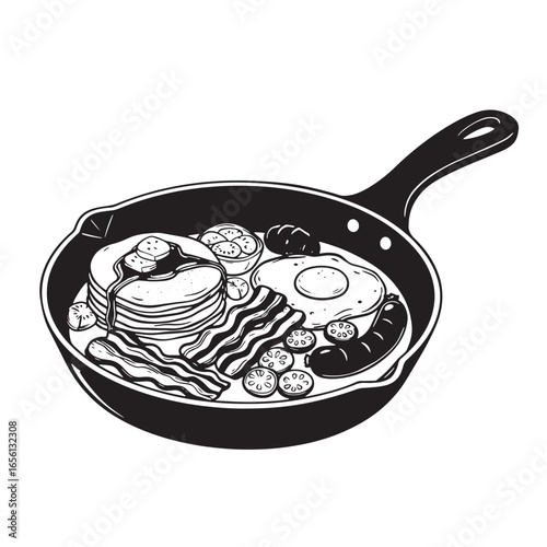 Deliciously drawn breakfast featuring pancakes bacon eggs sausage and fried tomatoes in a pan