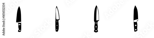 Different types of kitchen knives arranged in a row for culinary preparation and cooking use