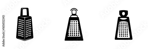 Different types of graters displayed in simple silhouettes on a white background highlighting kitchen tools for cooking