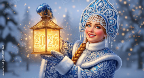 Snow Maiden in winter attire holding lantern with 2026 New Year sign in snow – perfect scene for a cheerful Happy Holidays greeting card!