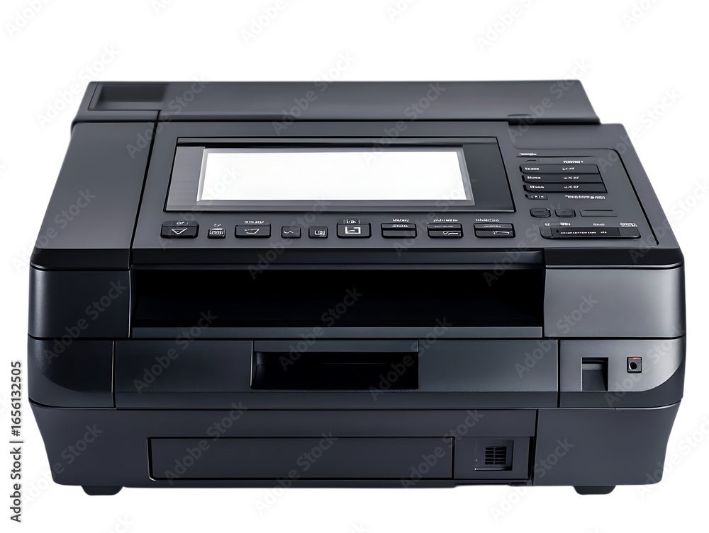 Fototapeta premium Modern black all in one printer with digital display isolated on transparent background