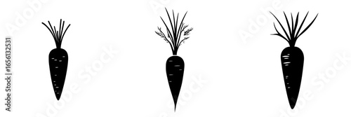 Unique black silhouettes of carrots with detailed greens displayed on a white background highlighting the simplicity of vegetable design