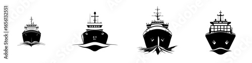 Different types of ships illustrated in silhouette form moving through water with waves and a clean design