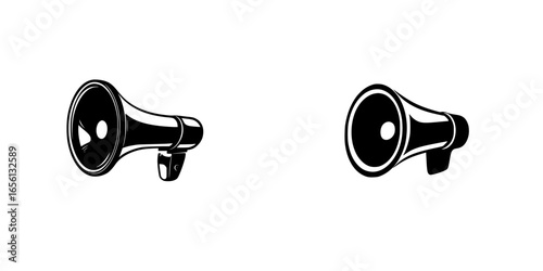 Loudspeakers in black and white, showcasing a vintage style as a decorative design element used for communication and announcements