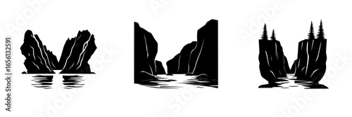 Stylized black and white landscape showcasing rocky cliffs and tranquil water in a serene natural setting