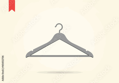 A minimalist illustration of a grey clothes hanger, isolated on a light background with a red ribbon
