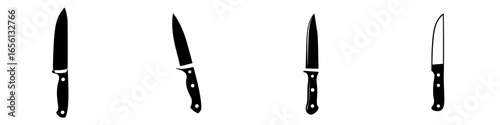 Various knife designs displayed on a white background showcasing different shapes and sizes for culinary use or artistic purposes
