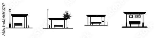 Various designs of bus shelters showcasing different structures and styles in a minimalist black and white illustration