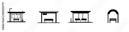 Different styles of bus shelters showcasing modern design and urban architecture in a city environment