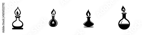Various laboratory glassware with flames for experiments and research in a science lab setting
