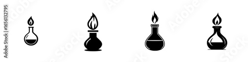 Different styles of laboratory flasks with flames representing chemical experiments and reactions at a science facility