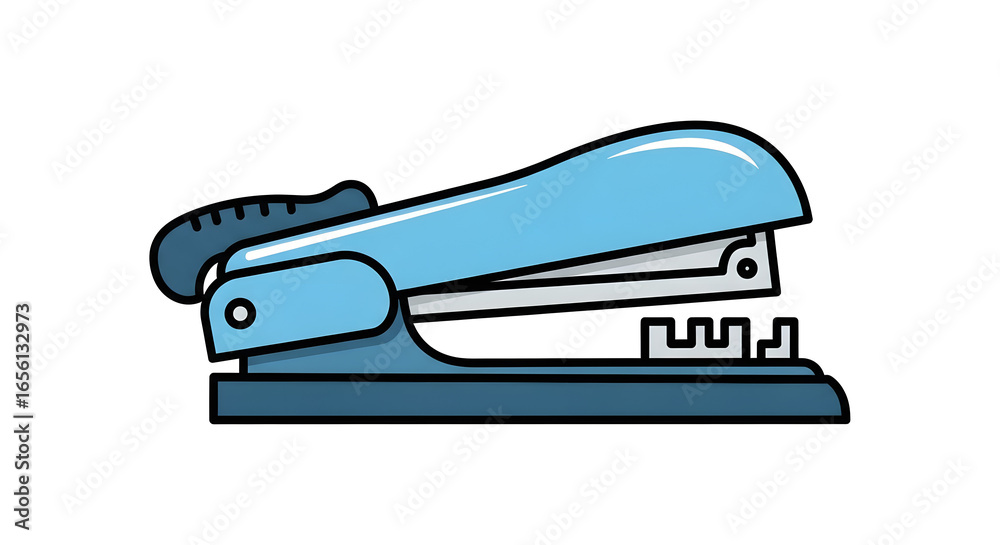 Side view of a classic blue desktop stapler illustration, a symbol of office work, school supplies, and document management Side view of a classic blue desktop stapler illustration, a symbol of office work, school supplies, and document management