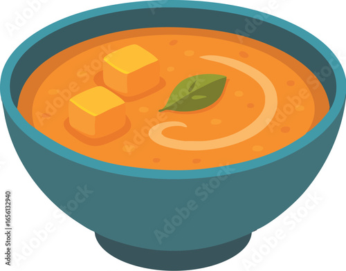 Bowl of autumn vegetable soup with croutons and herbs, Vector illustration